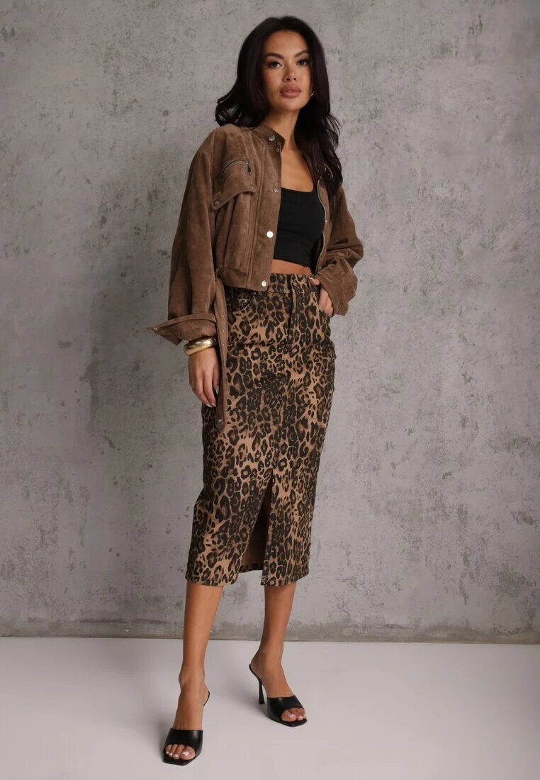 elsa.m by may Fustă maro din bumbac cu imprimeu leopard cu talie înaltă și șliț frontal Harilie