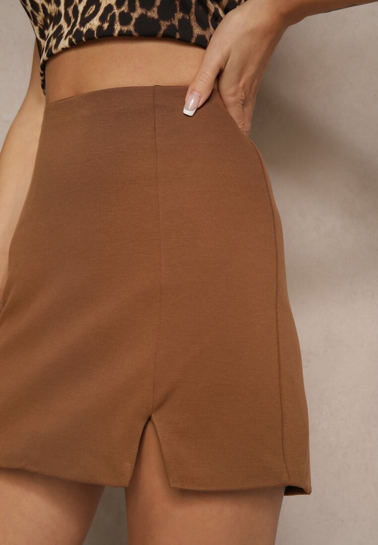 elsa.m by may Fustă Maro din Vâscoză High Waist Ornată cu Șliț Delonis
