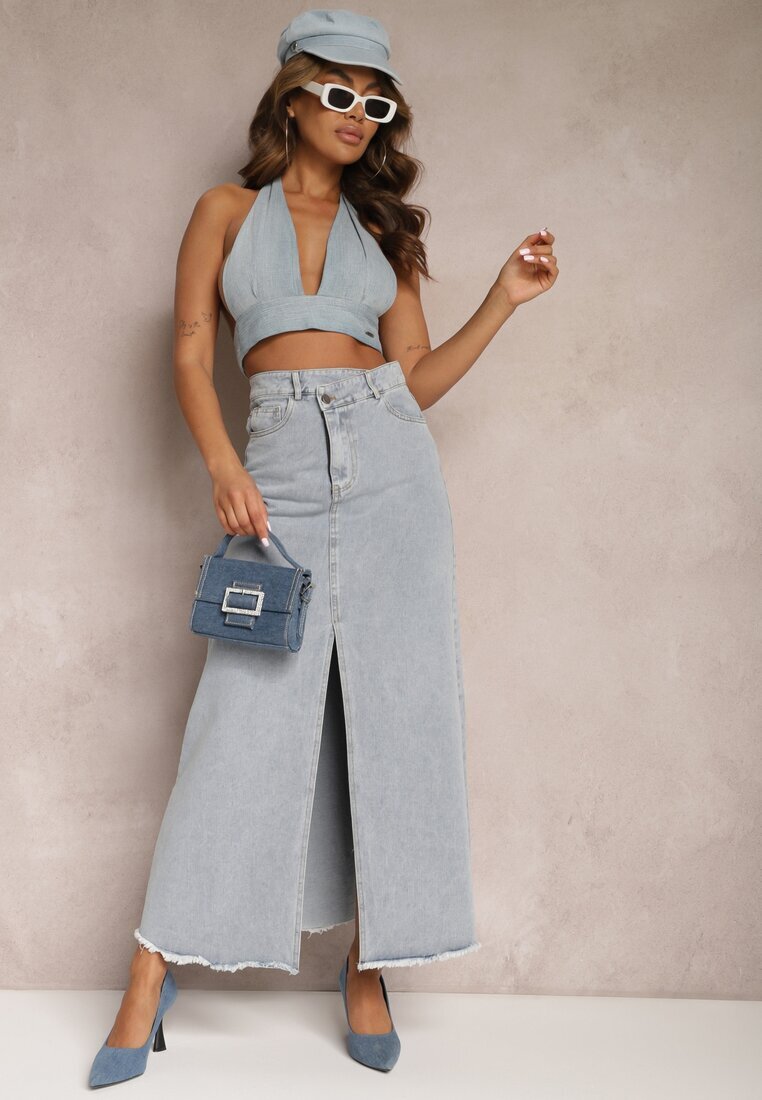 elsa.m by may Fustă maxi Albastru deschis Franjurată din denim cu despicătură Feedi