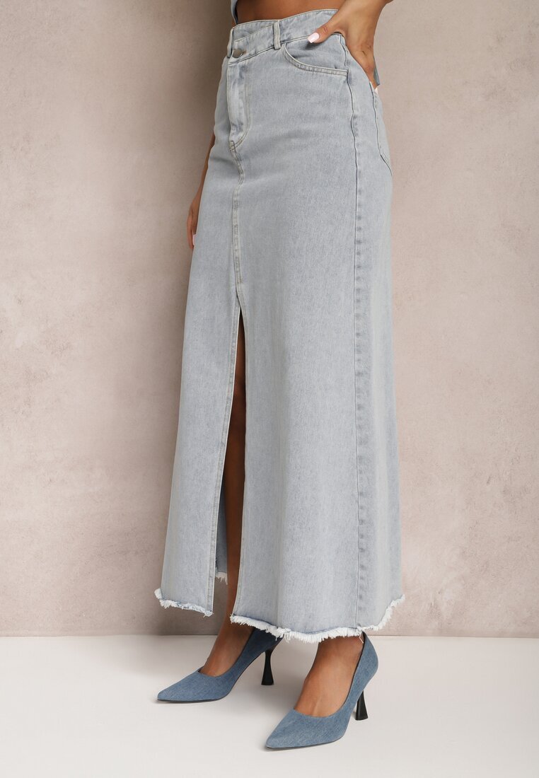 elsa.m by may Fustă maxi Albastru deschis Franjurată din denim cu despicătură Feedi