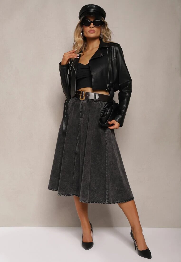 elsa.m by may Fustă Midi Evazată din denim Neagră cu curea Wendlla