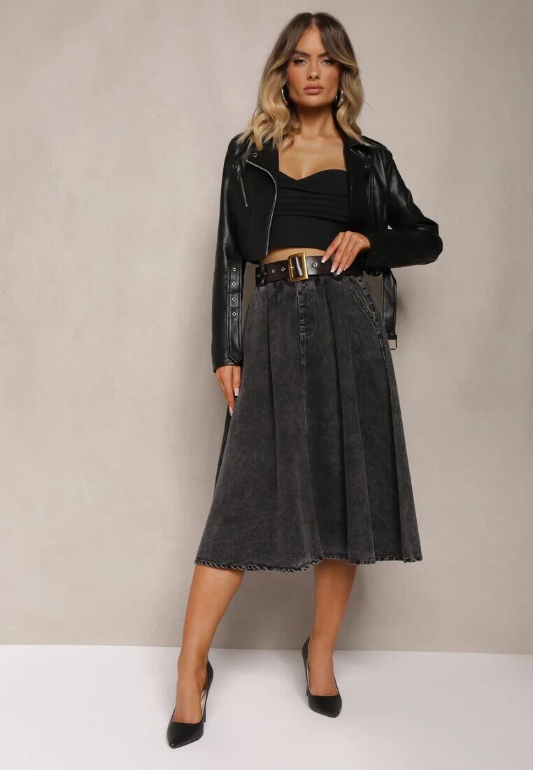 elsa.m by may Fustă Midi Evazată din denim Neagră cu curea Wendlla