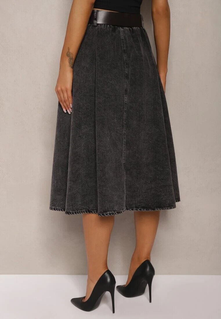 elsa.m by may Fustă Midi Evazată din denim Neagră cu curea Wendlla