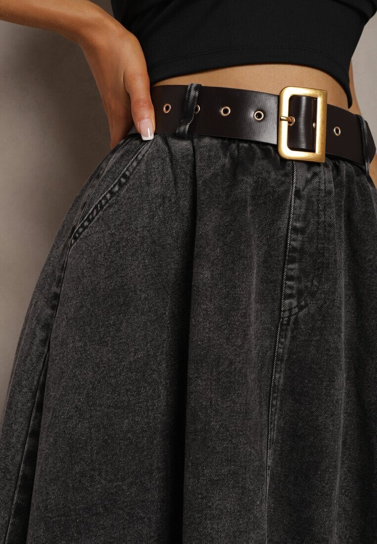 elsa.m by may Fustă Midi Evazată din denim Neagră cu curea Wendlla