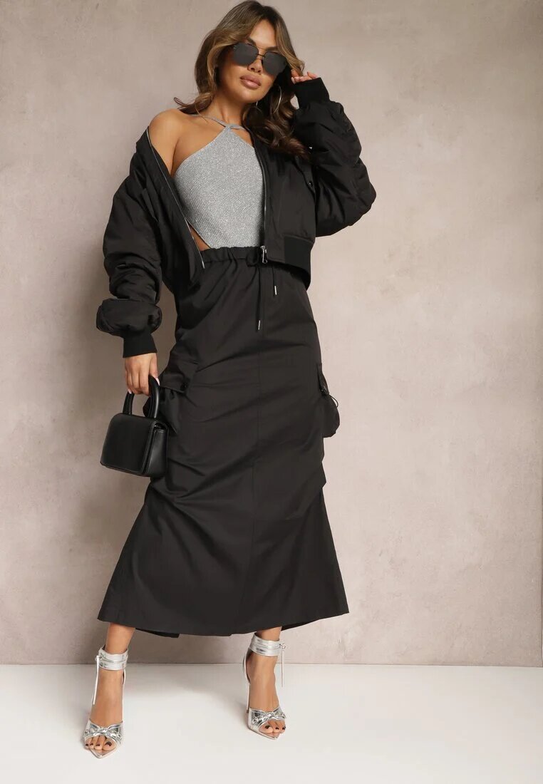elsa.m by may Fustă Neagră Marszczona Midi Stil Cargo cu elastic în talie Gacieam