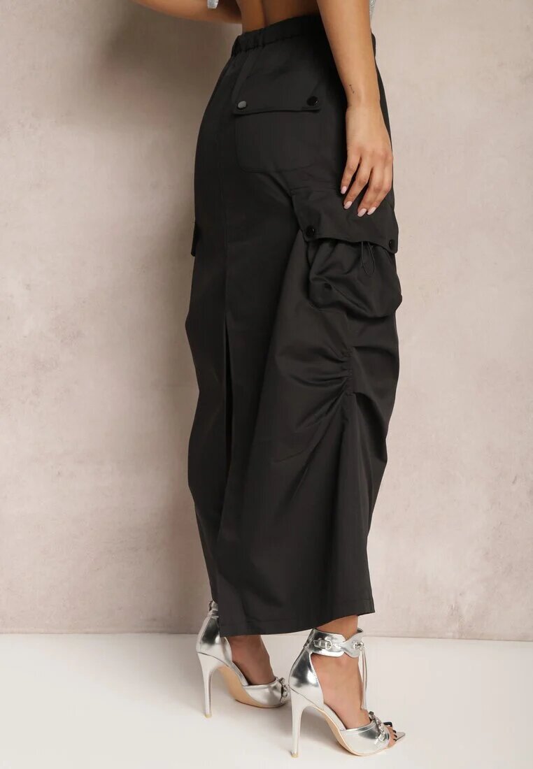 elsa.m by may Fustă Neagră Marszczona Midi Stil Cargo cu elastic în talie Gacieam