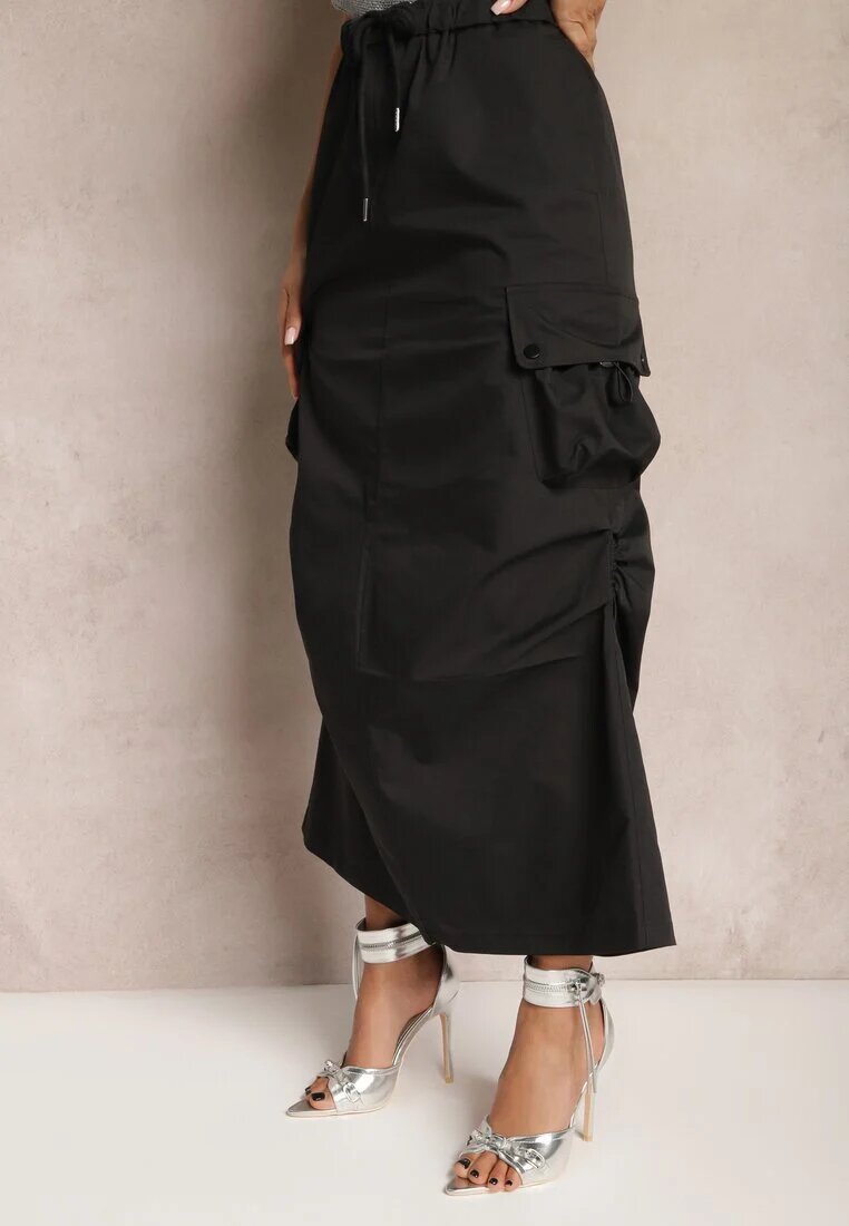 elsa.m by may Fustă Neagră Marszczona Midi Stil Cargo cu elastic în talie Gacieam