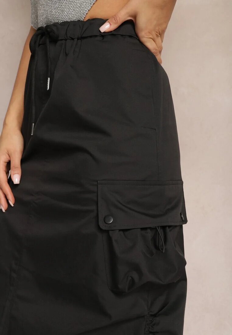 elsa.m by may Fustă Neagră Marszczona Midi Stil Cargo cu elastic în talie Gacieam