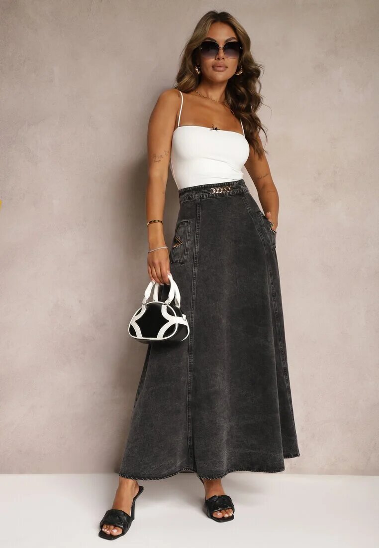 elsa.m by may Fustă Neagră Maxi Evazată din denim de bumbac cu Lanț Decorativ Viralle