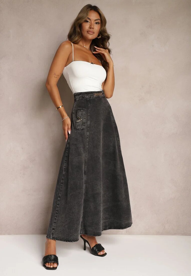 elsa.m by may Fustă Neagră Maxi Evazată din denim de bumbac cu Lanț Decorativ Viralle