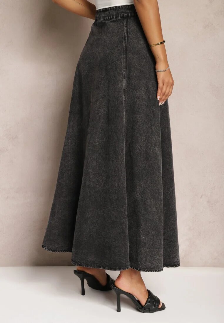 elsa.m by may Fustă Neagră Maxi Evazată din denim de bumbac cu Lanț Decorativ Viralle