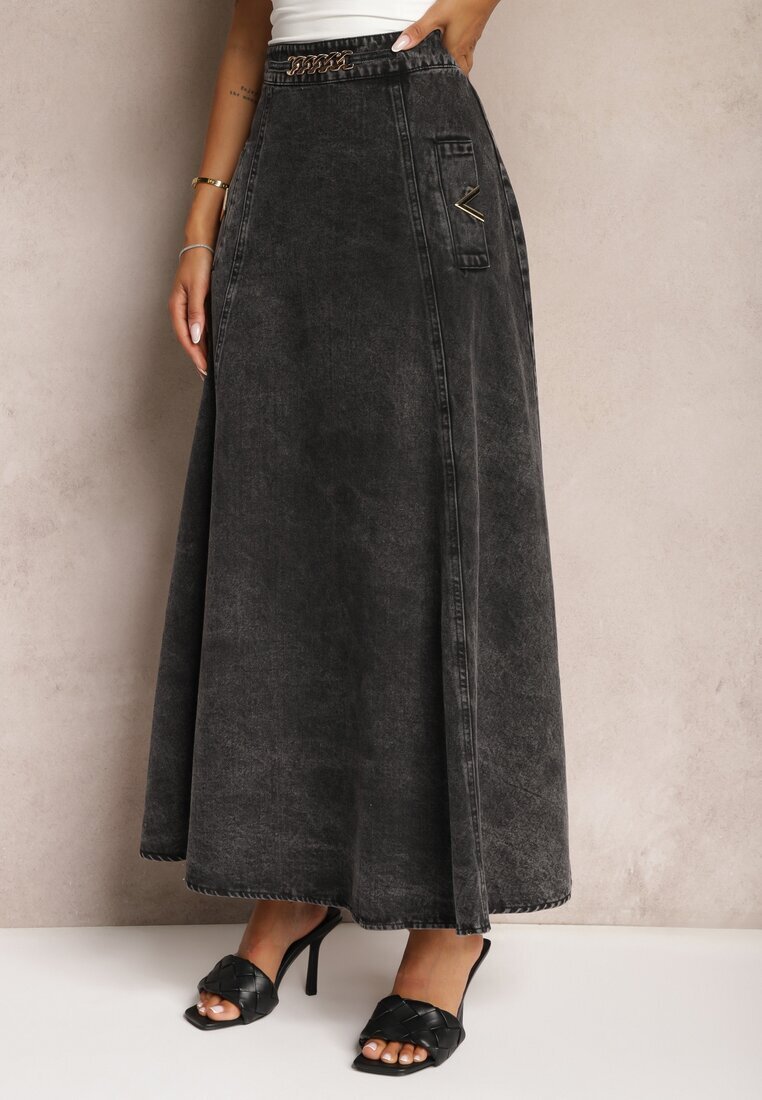 elsa.m by may Fustă Neagră Maxi Evazată din denim de bumbac cu Lanț Decorativ Viralle