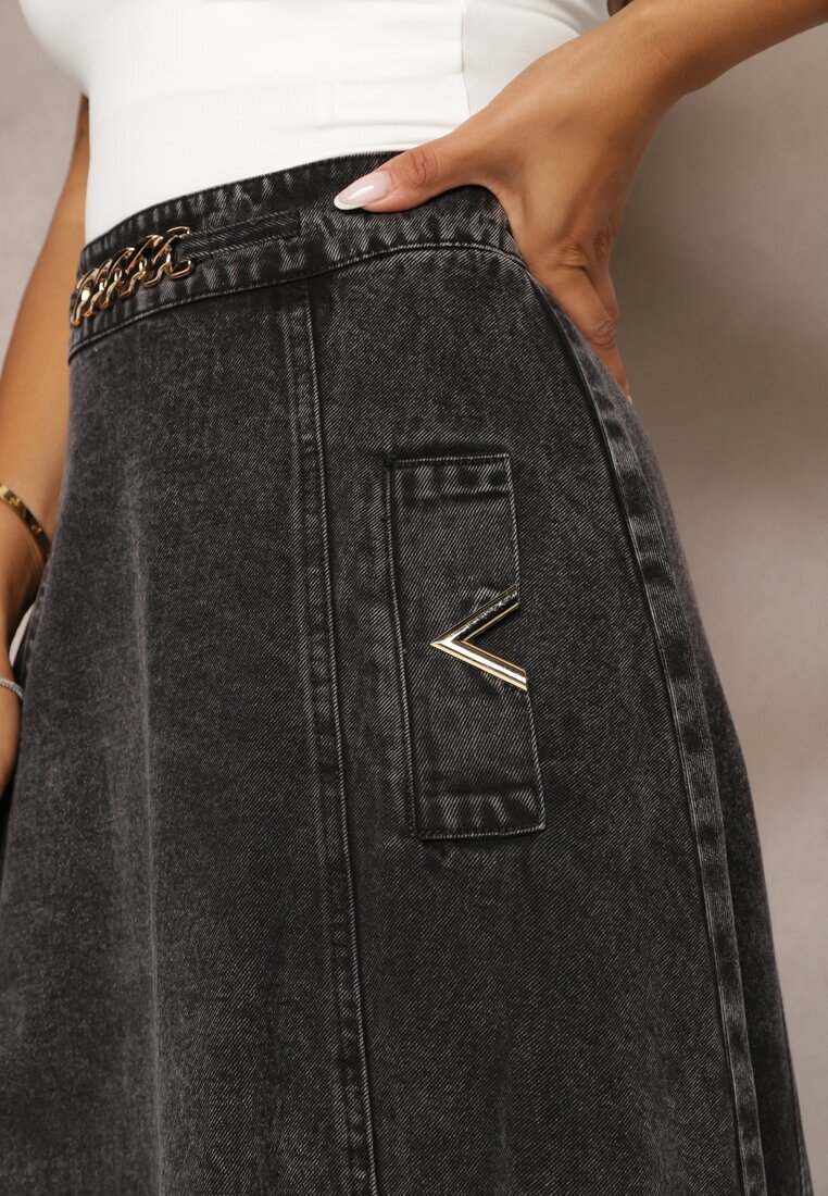 elsa.m by may Fustă Neagră Maxi Evazată din denim de bumbac cu Lanț Decorativ Viralle