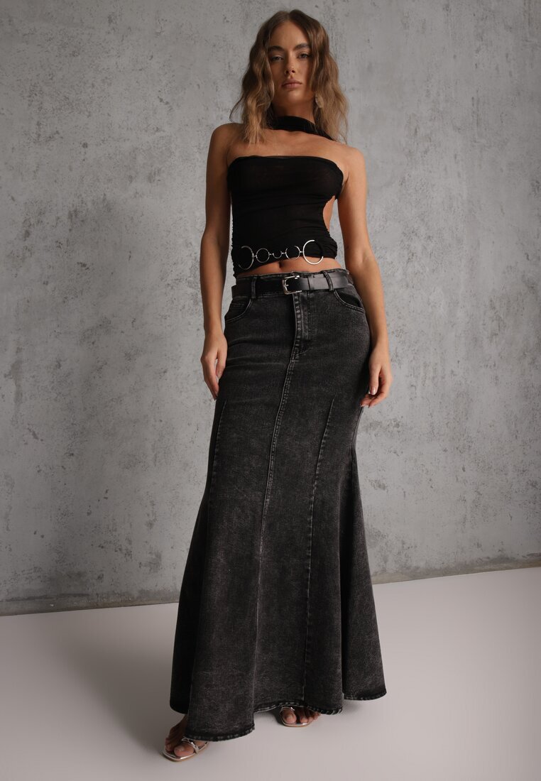 elsa.m by may Fustă Neagră Sirenă din Bumbac Denim High Waist cu Centură Appala