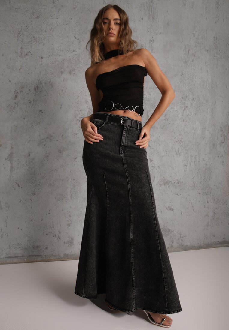 elsa.m by may Fustă Neagră Sirenă din Bumbac Denim High Waist cu Centură Appala