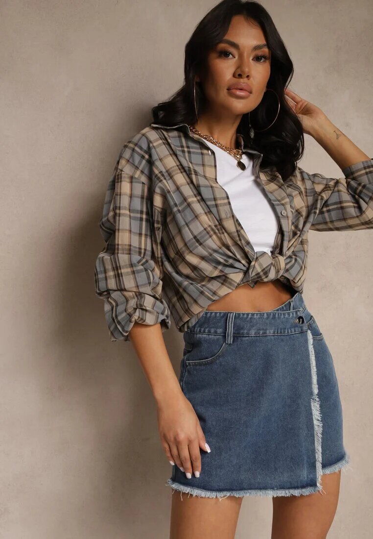 elsa.m by may Fustă-pantaloni scurți bleumarin de bumbac din denim cu talie înaltă cu croială asimetrică Alwiwi