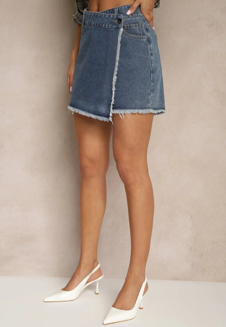 elsa.m by may Fustă-pantaloni scurți bleumarin de bumbac din denim cu talie înaltă cu croială asimetrică Alwiwi