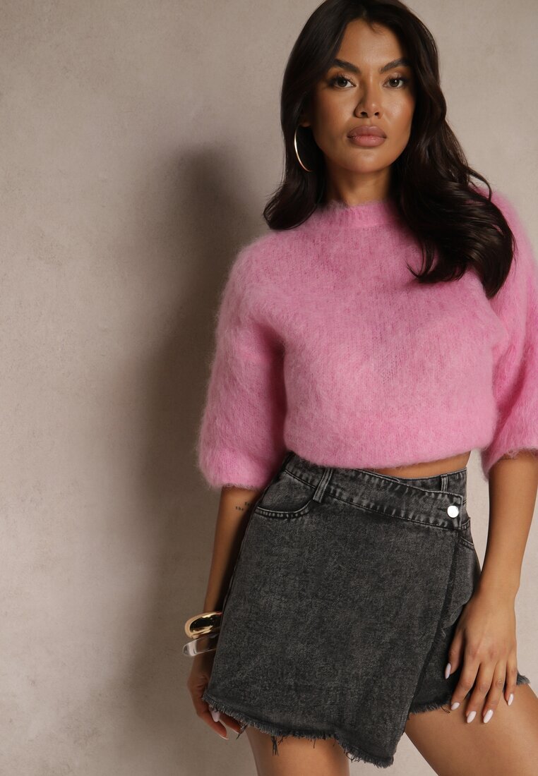 elsa.m by may Fustă-pantaloni scurți negre din denim de bumbac cu talie înaltă cu croi asimetric Alwiwi