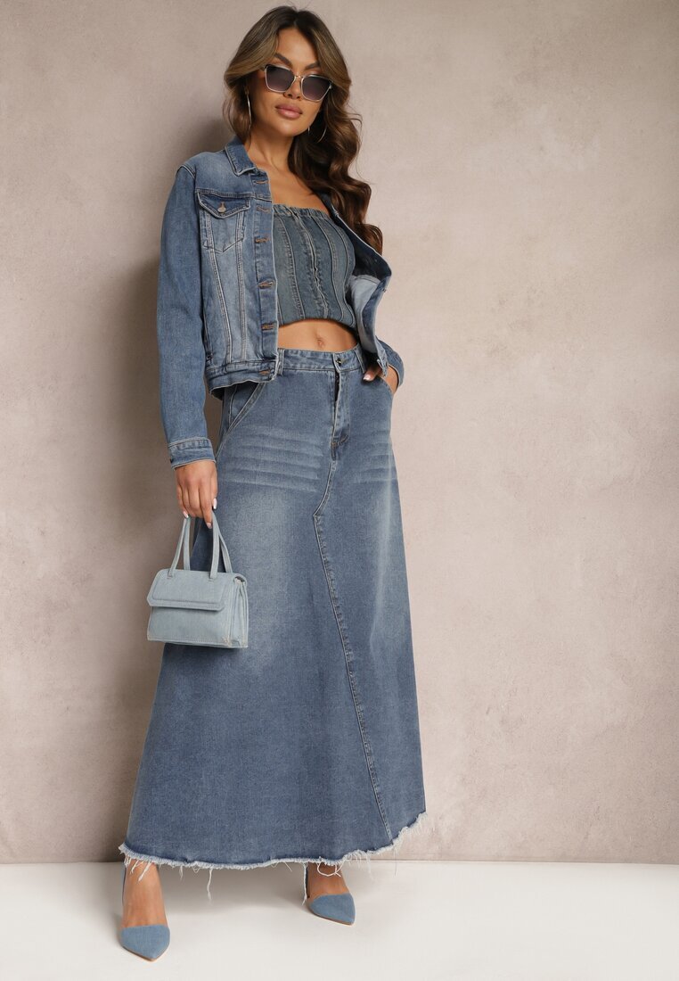 elsa.m by may Fustă trapez albastră din denim decorată cu curea și franjuri la bază Meraleo