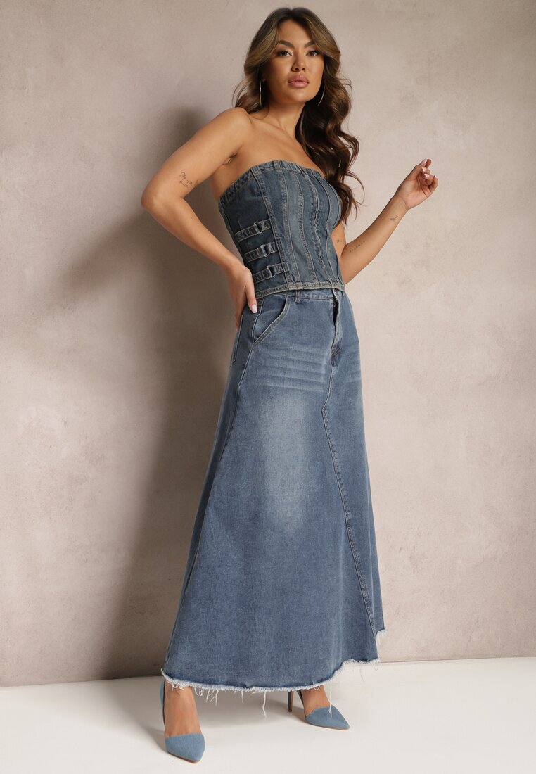 elsa.m by may Fustă trapez albastră din denim decorată cu curea și franjuri la bază Meraleo