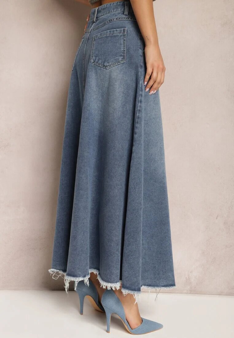 elsa.m by may Fustă trapez albastră din denim decorată cu curea și franjuri la bază Meraleo