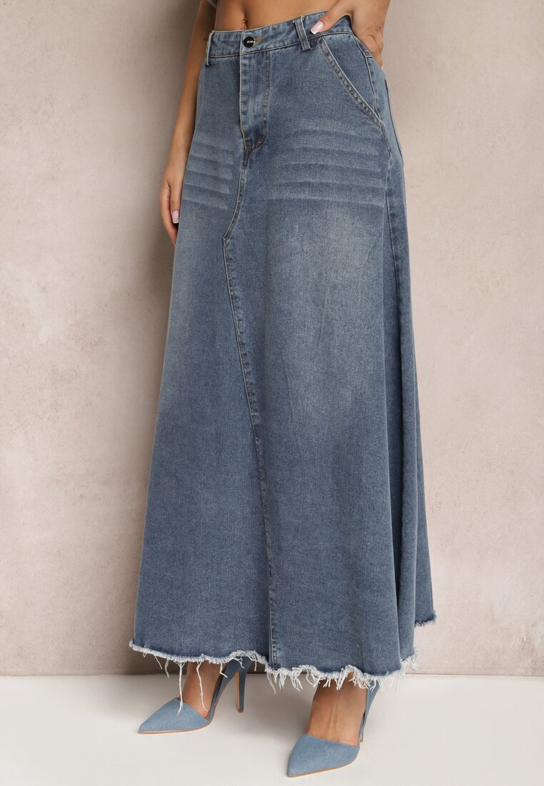 elsa.m by may Fustă trapez albastră din denim decorată cu curea și franjuri la bază Meraleo