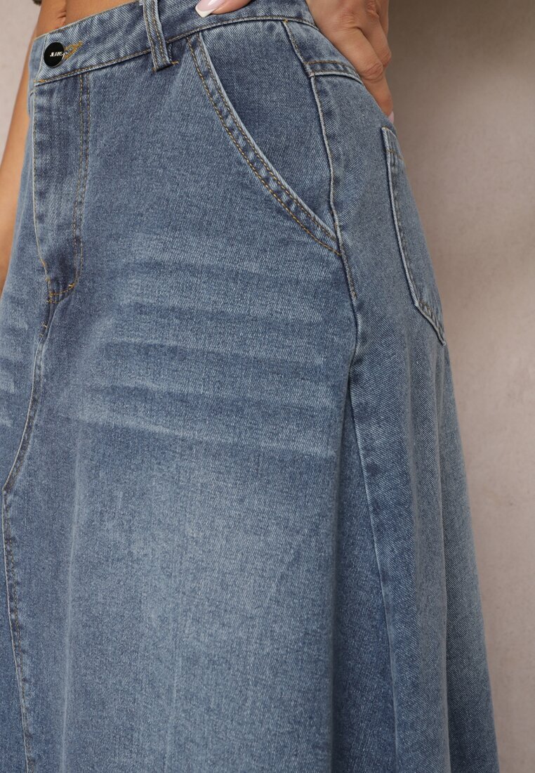 elsa.m by may Fustă trapez albastră din denim decorată cu curea și franjuri la bază Meraleo