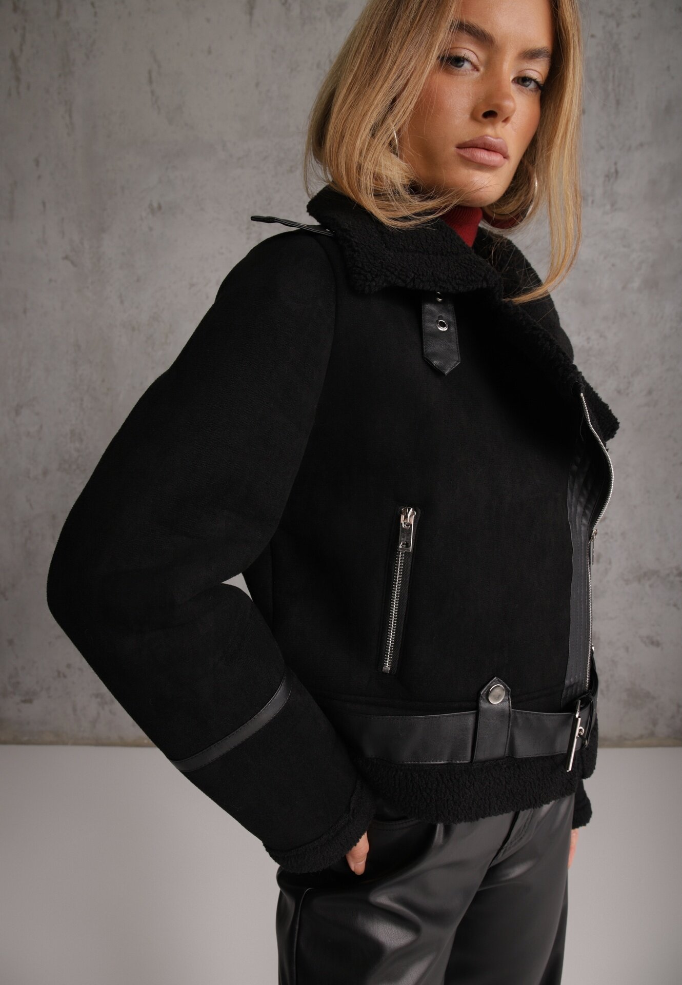 elsa.m by may Geacă neagră Biker din imitație de piele întoarsă și blană artificială Jassan