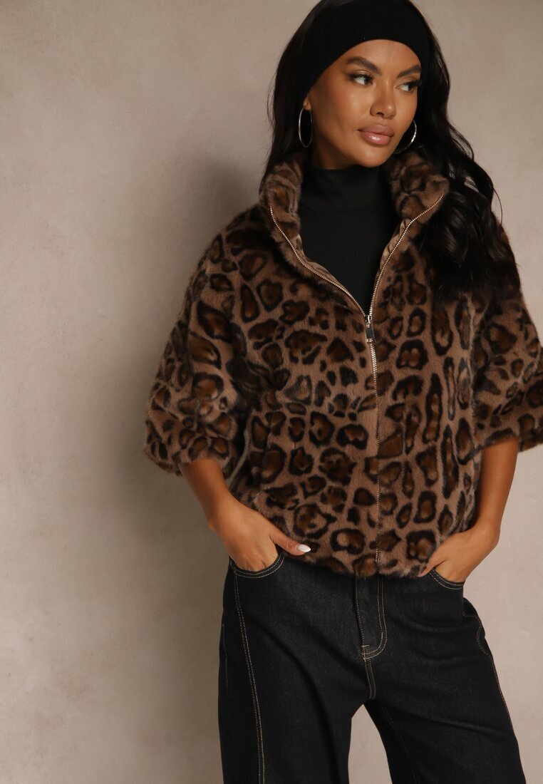 elsa.m by may Geacă trapezoidală din blană cu imprimeu leopard cu mâneci 3/4 Tadeva