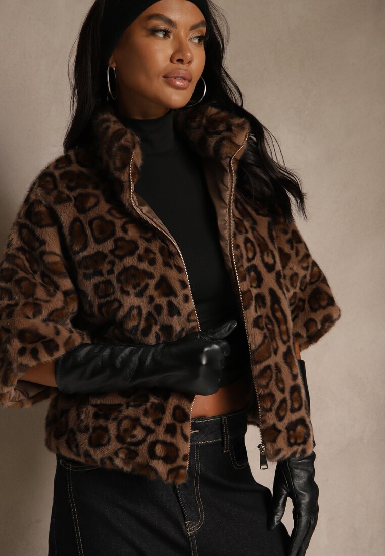 elsa.m by may Geacă trapezoidală din blană cu imprimeu leopard cu mâneci 3/4 Tadeva