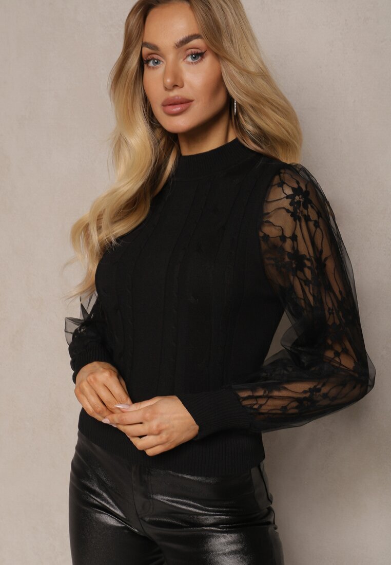 elsa.m by may Golf Negru cu Inserții din Plasă pe Mâneci Yelira