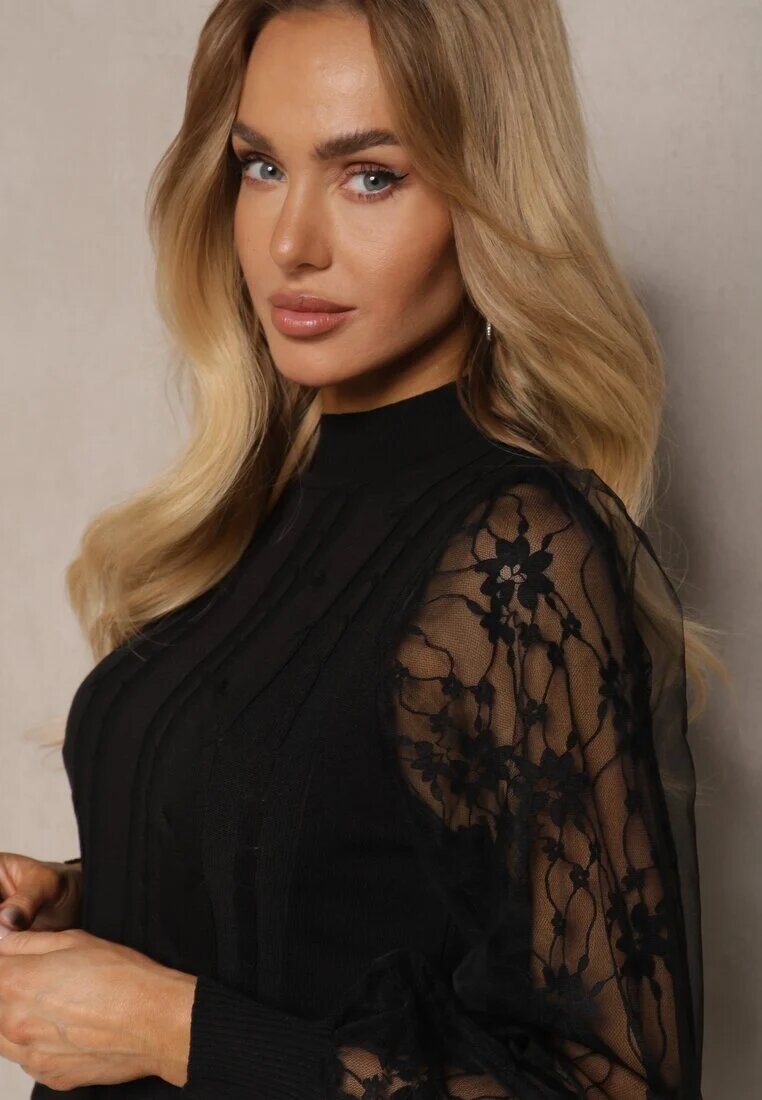 elsa.m by may Golf Negru cu Inserții din Plasă pe Mâneci Yelira