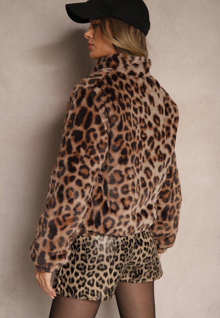 elsa.m by may Jachetă Bomber Maro din blană artificială cu guler înalt cu imprimeu leopard Vialista