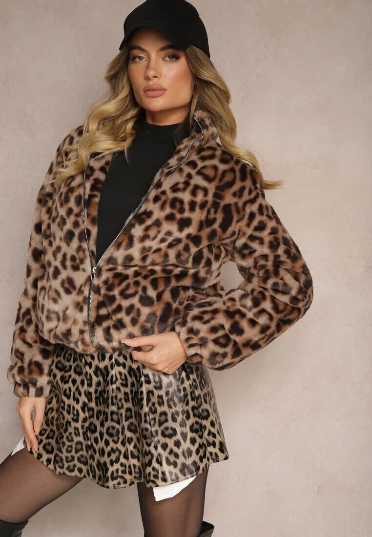 elsa.m by may Jachetă Bomber Maro din blană artificială cu guler înalt cu imprimeu leopard Vialista
