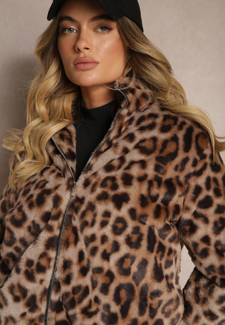 elsa.m by may Jachetă Bomber Maro din blană artificială cu guler înalt cu imprimeu leopard Vialista