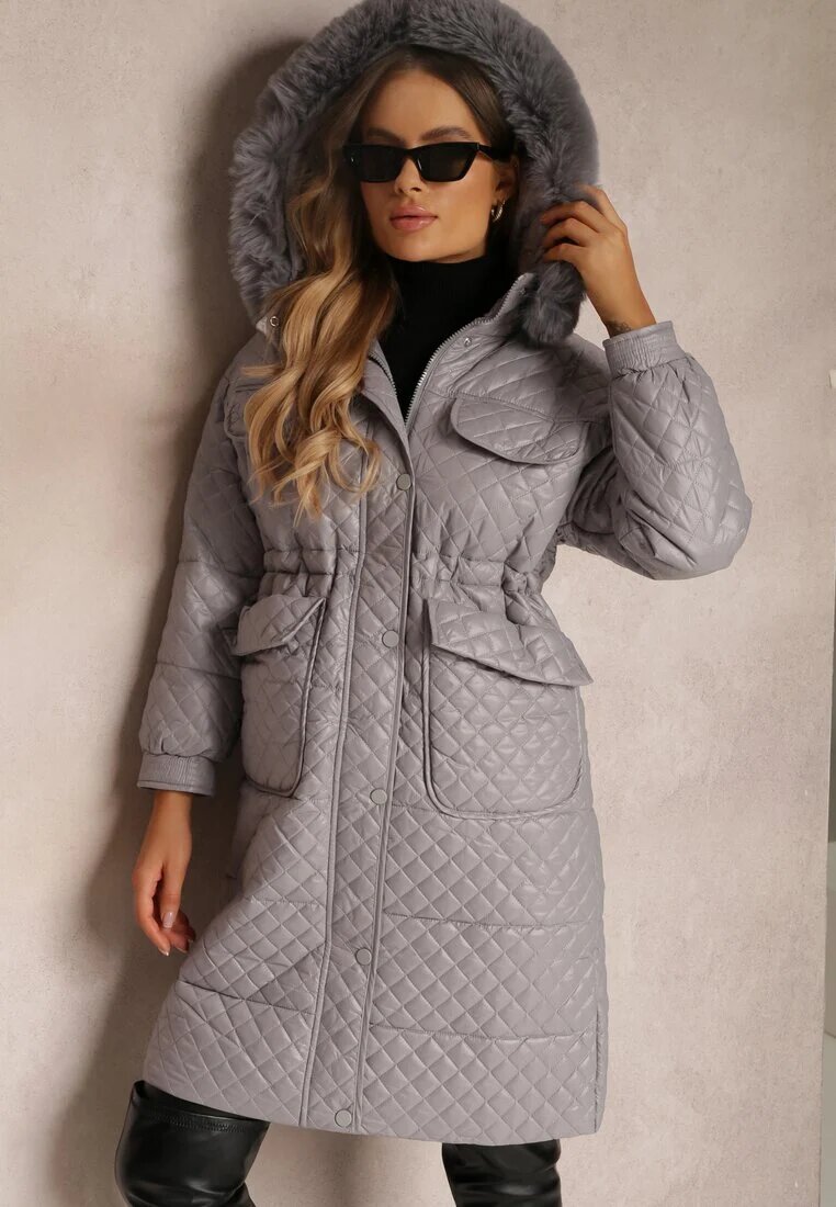 elsa.m by may Jachetă Gri Matlasată cu Glugă cu Blană Vilei