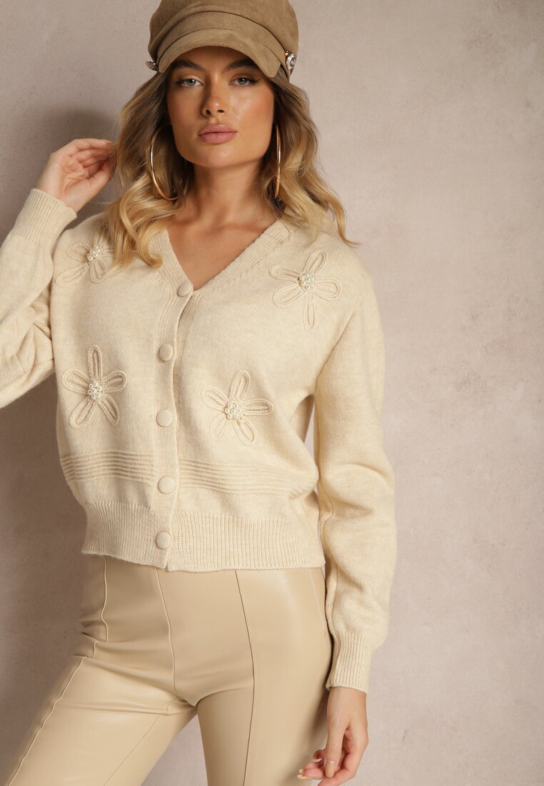 elsa.m by may Kardigan Bej din Vascoză Decorat cu Aplicații Florale cu Perle Gemirra