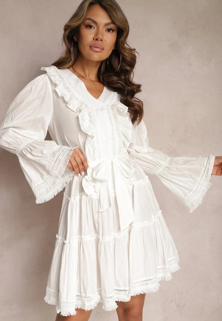 elsa.m by may Mini Rochie Albă cu Croi Cloș cu Volane și Cordon din Material în Talie Fiorfa