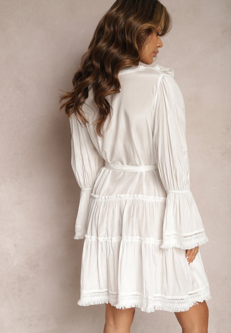 elsa.m by may Mini Rochie Albă cu Croi Cloș cu Volane și Cordon din Material în Talie Fiorfa