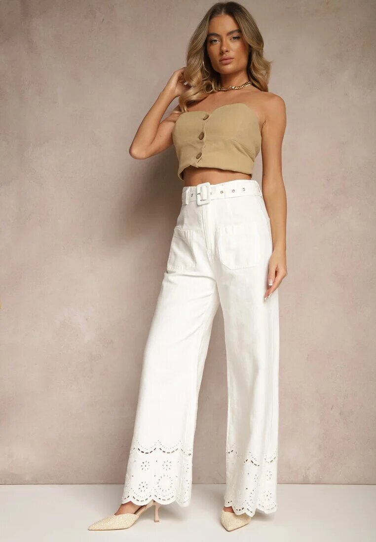 elsa.m by may Pantaloni Albi Largi din Bumbac High Waist cu Curea Decorativă Nerraza