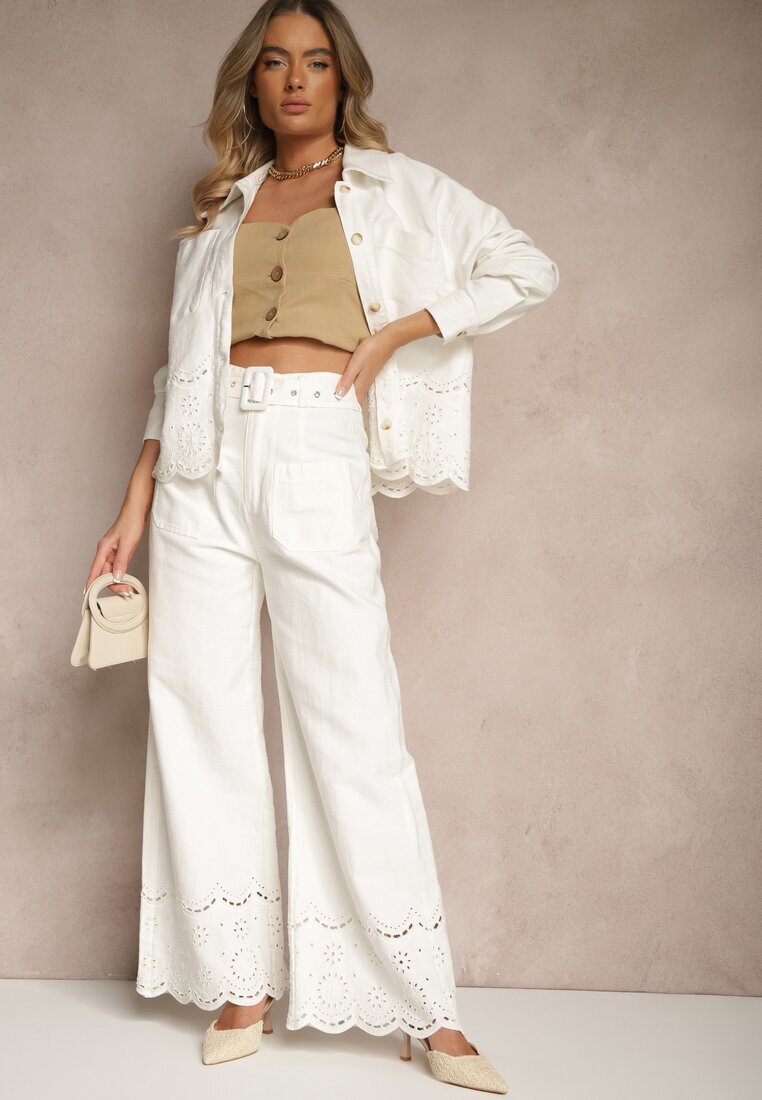elsa.m by may Pantaloni Albi Largi din Bumbac High Waist cu Curea Decorativă Nerraza