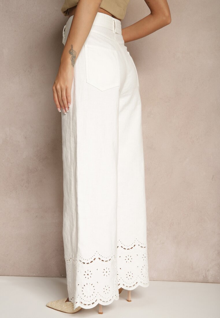 elsa.m by may Pantaloni Albi Largi din Bumbac High Waist cu Curea Decorativă Nerraza