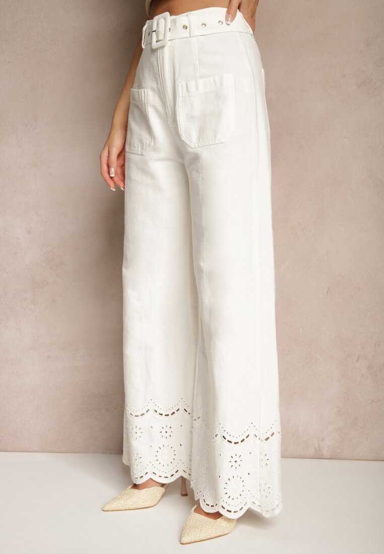 elsa.m by may Pantaloni Albi Largi din Bumbac High Waist cu Curea Decorativă Nerraza