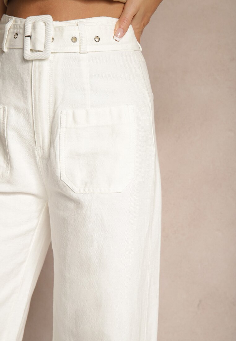 elsa.m by may Pantaloni Albi Largi din Bumbac High Waist cu Curea Decorativă Nerraza