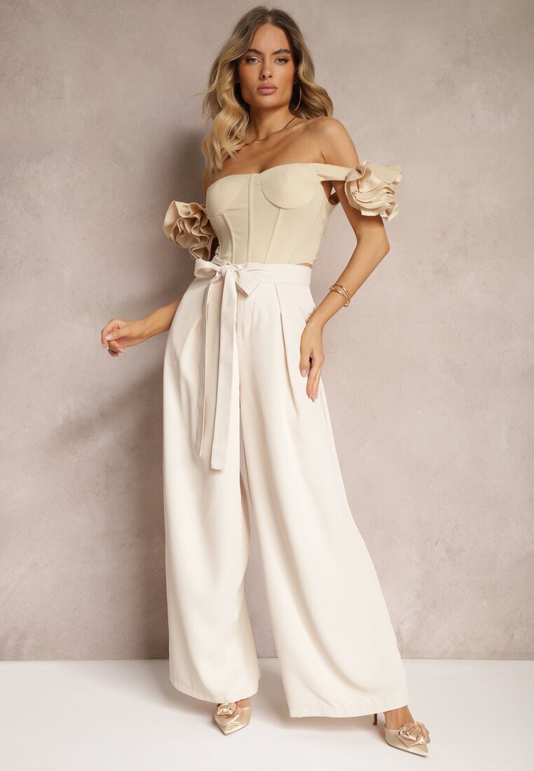 elsa.m by may Pantaloni Bej Eleganți Stil costum Talie înaltă Decorați cu centură în talie Wenelsea