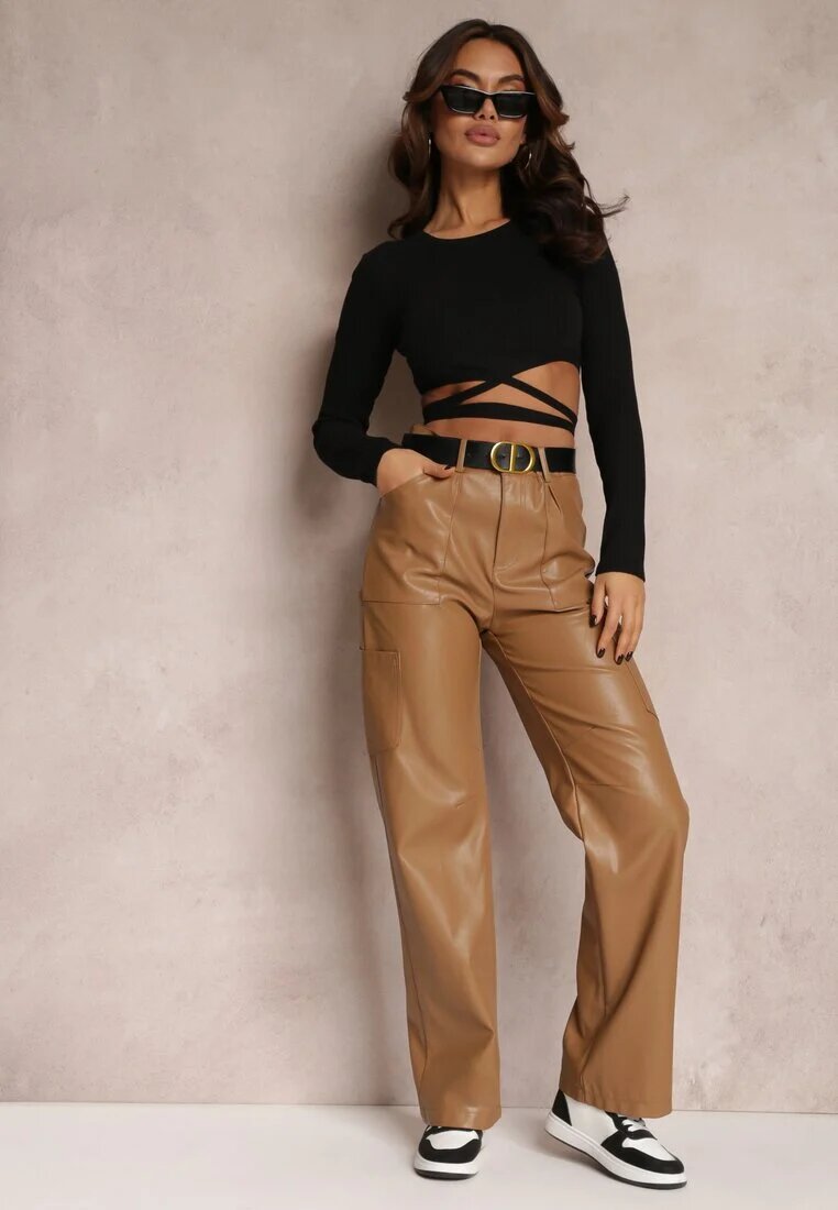 elsa.m by may Pantaloni Bej închis din Imitație de Piele Larghi Narash