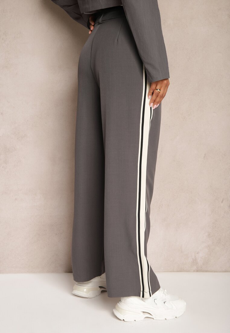 elsa.m by may Pantaloni de Costum Gri cu Croială Largă Talie Înaltă decorate cu Lampasuri Meloriah