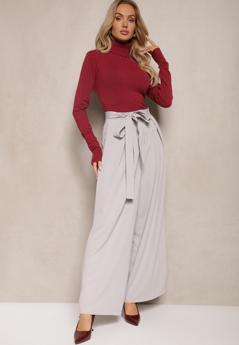 elsa.m by may Pantaloni eleganți gri în stil costum cu talie înaltă decorați cu curea în talie Wenelsea