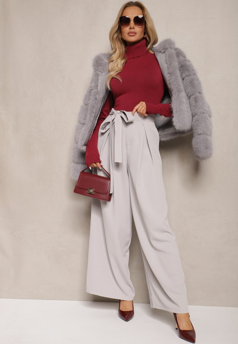elsa.m by may Pantaloni eleganți gri în stil costum cu talie înaltă decorați cu curea în talie Wenelsea