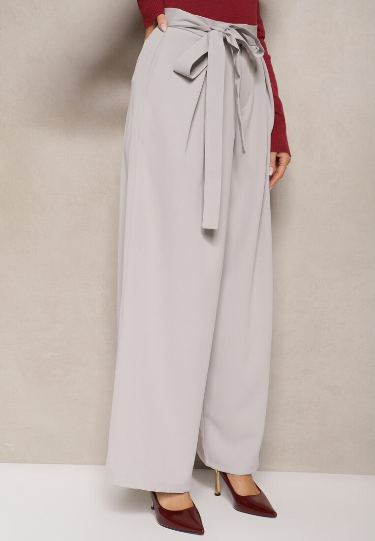elsa.m by may Pantaloni eleganți gri în stil costum cu talie înaltă decorați cu curea în talie Wenelsea